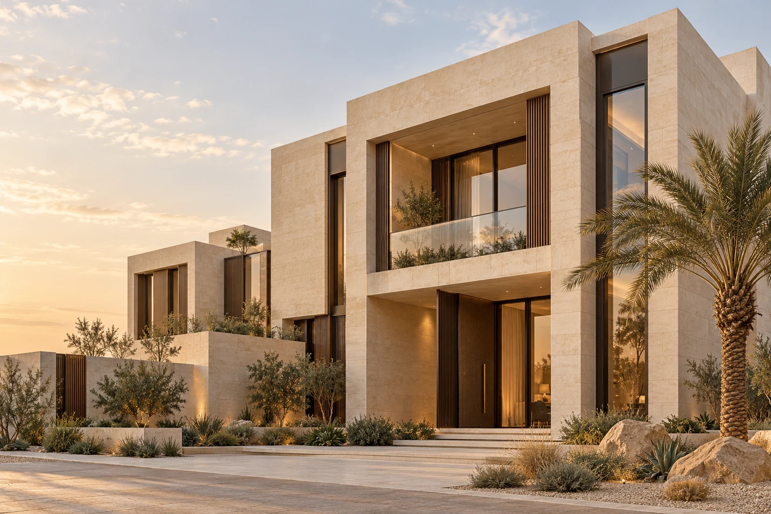 تصور معماري لوحدات سكنية بواجهات حجرية دافئة وتنسيق صحراوي
